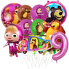 A set of Masha and Bear themed party decor including balloons, plates, and character figures.