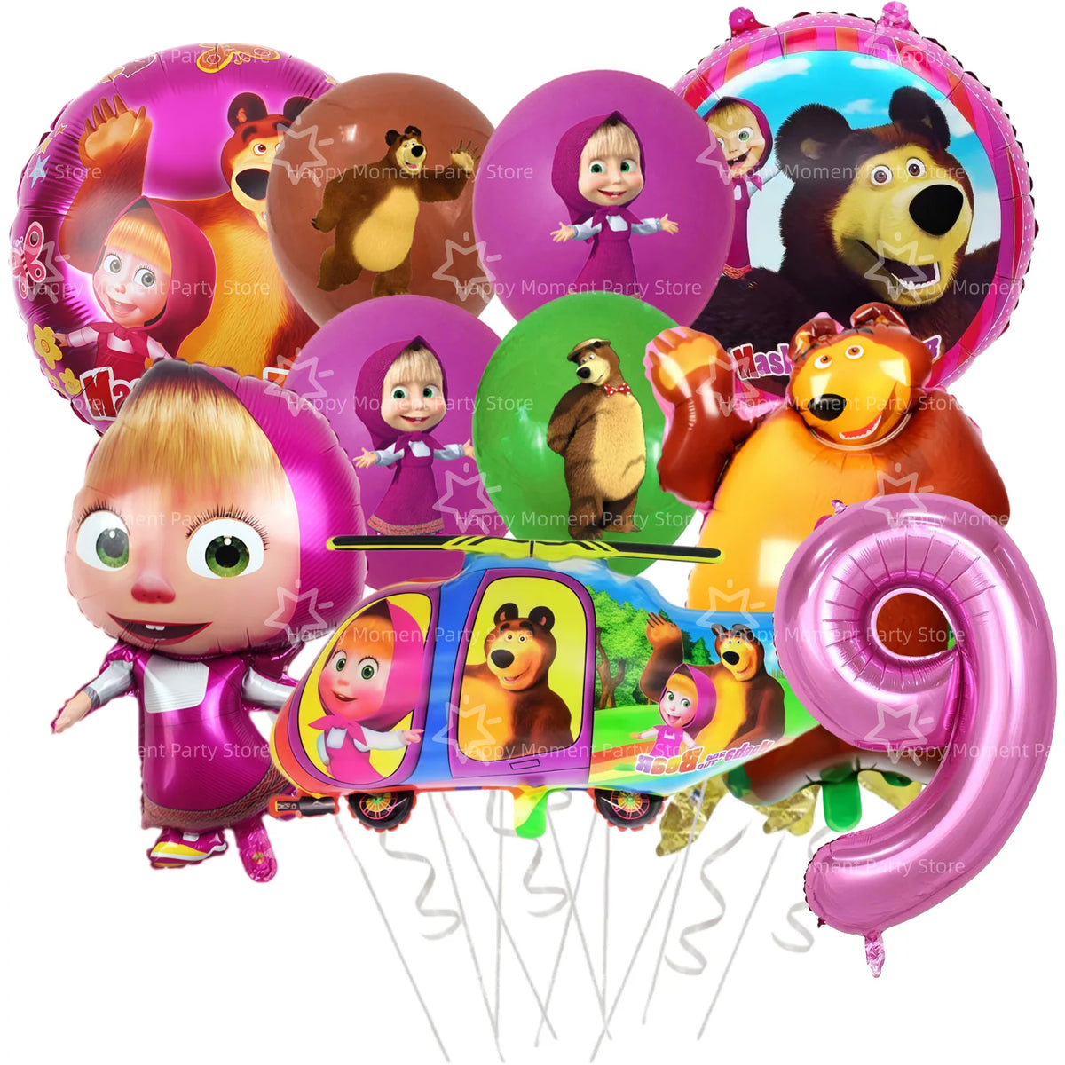A set of Masha and Bear themed party decor including balloons, plates, and character figures.