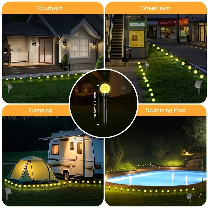 A collection of garden lights illuminating a courtyard, street lawn, camping area, and swimming pool.