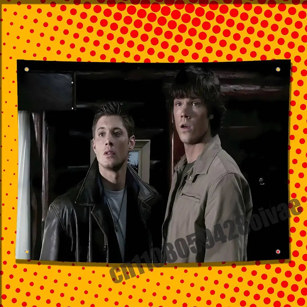 A promotional banner featuring two actors in a dark setting, set against a yellow background with red polka dots.
