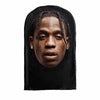 A dark fabric mask shaped like a face with dreadlocks, used for celebrity cosplay.