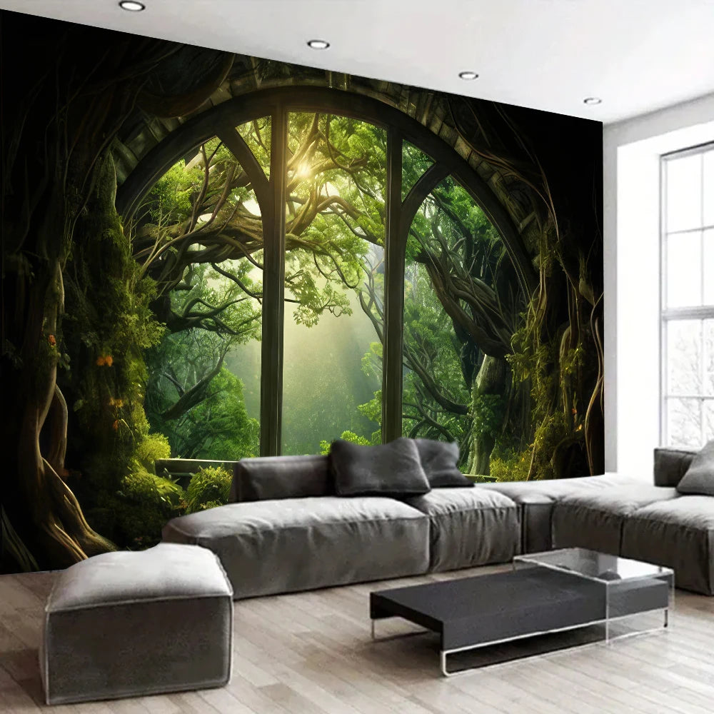 A dark forest tapestry wall hanging featuring arched tree branches and lush green foliage.