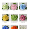 A display of various colored latex hydrangea artificial flowers including light green, pink, light blue, yellow, dark green, 