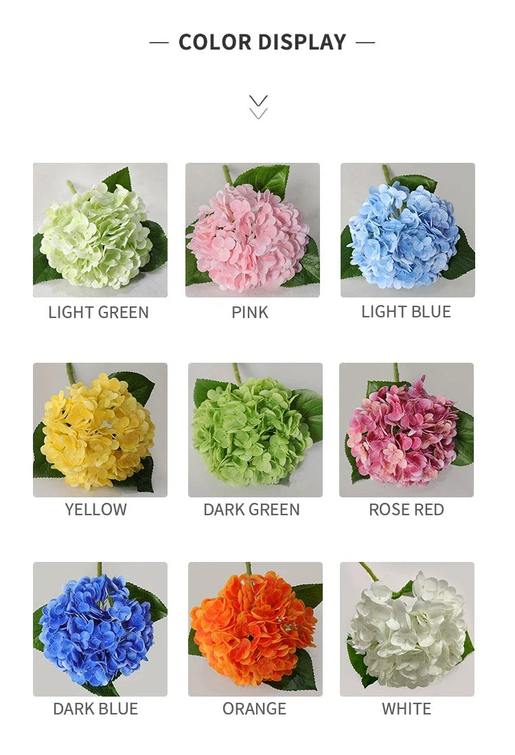 A display of various colored latex hydrangea artificial flowers including light green, pink, light blue, yellow, dark green, 