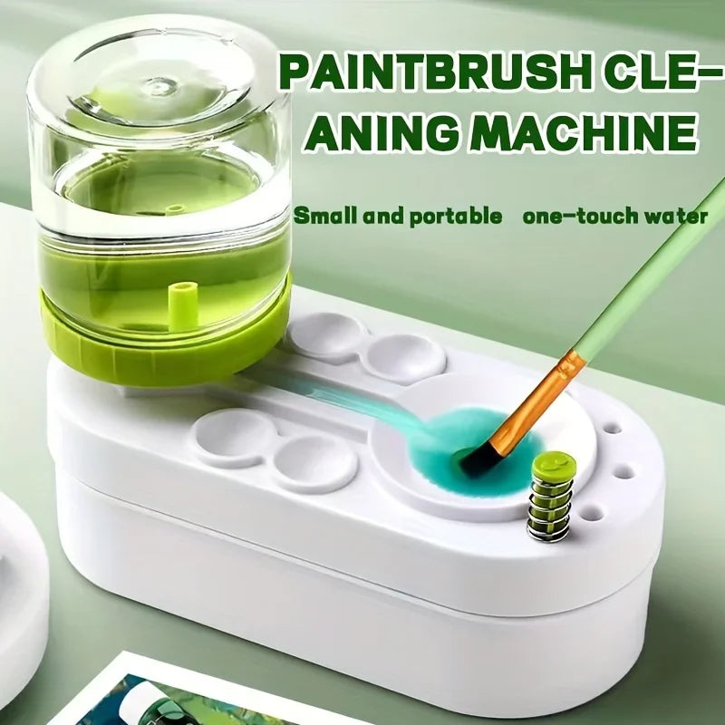 A small, portable paintbrush cleaning machine with a brush and water dispenser is shown on a white base.
