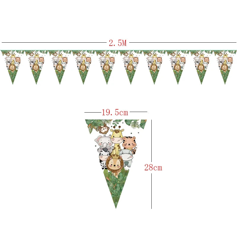 A decorative banner featuring cute jungle safari animal faces in green and gold tones.
