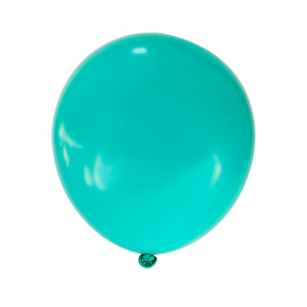 A single matte teal latex balloon floating against a white background.