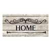 Rustic wooden hanging sign with the word HOME carved into the wood.