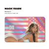 A close-up photo of a woman modeling a pink and purple holographic credit card skin sticker.