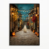 A vintage Halloween poster featuring a ghostly figure in a field lined with glowing pumpkins and string lights.