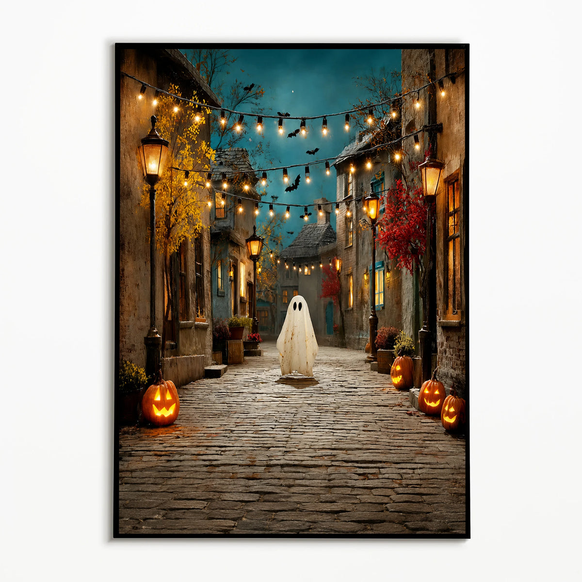 A vintage Halloween poster featuring a ghostly figure in a field lined with glowing pumpkins and string lights.