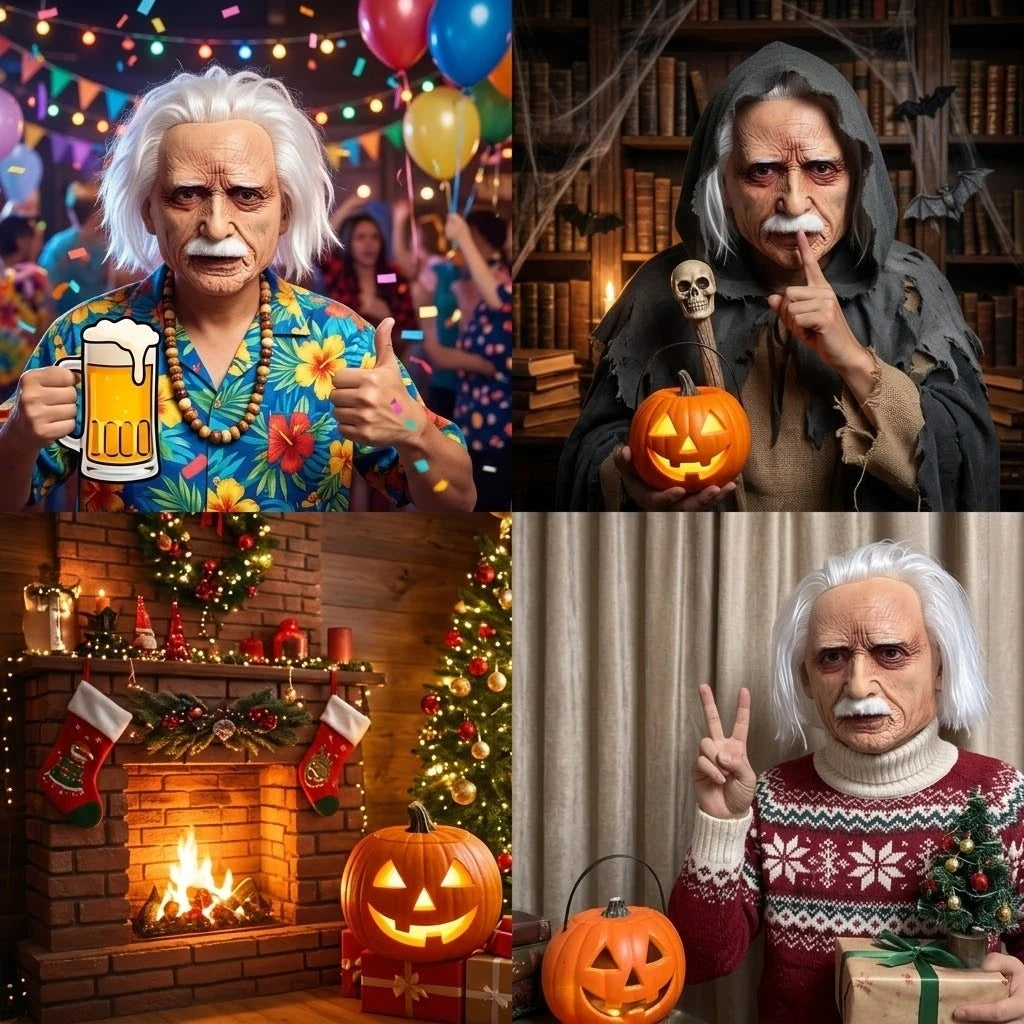 A collage featuring a man with white hair and a mustache in various festive and spooky contexts.