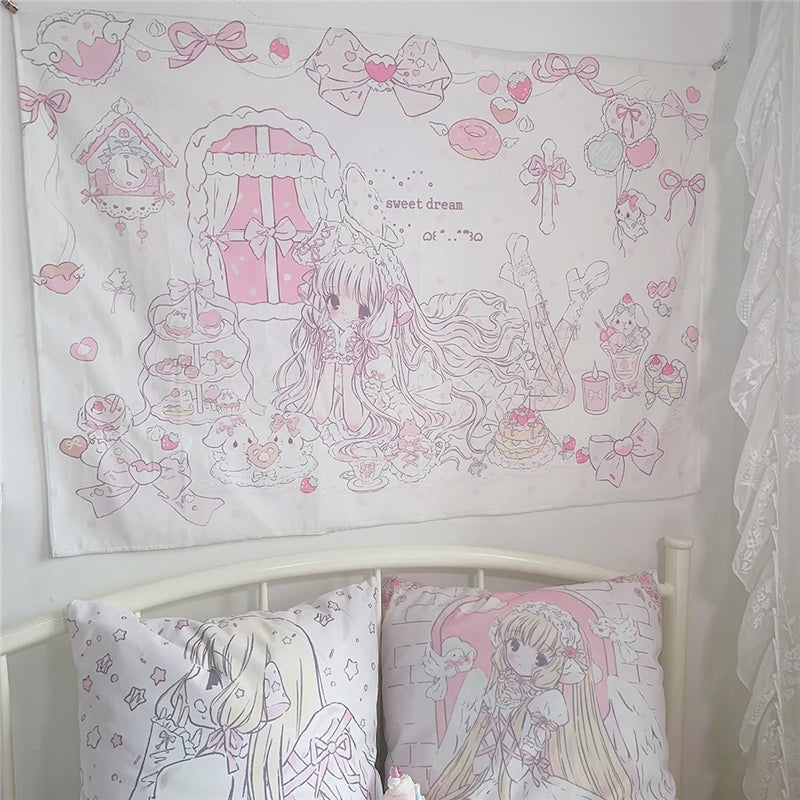 A white tapestry wall hanging featuring a sweet dream theme with cute cartoon characters and pink accents for bedroom decor