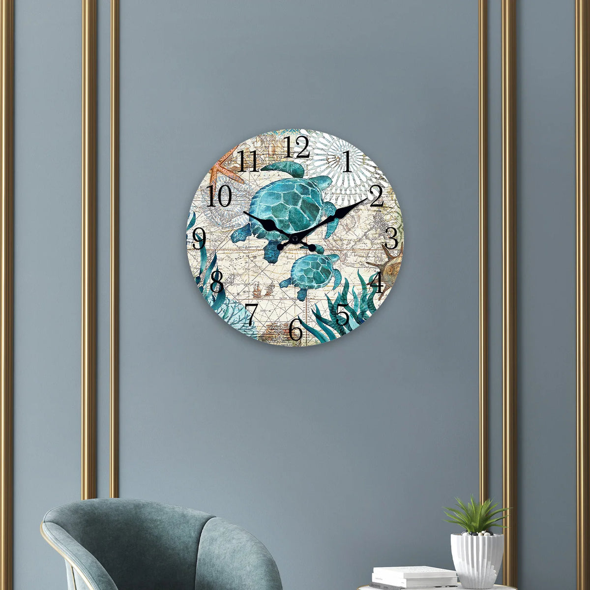 A round wall clock featuring a detailed illustration of a sea turtle on a textured background.