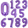 A set of purple foil balloons shaped like the numbers 0 through 9.