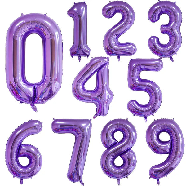 A set of purple foil balloons shaped like the numbers 0 through 9.