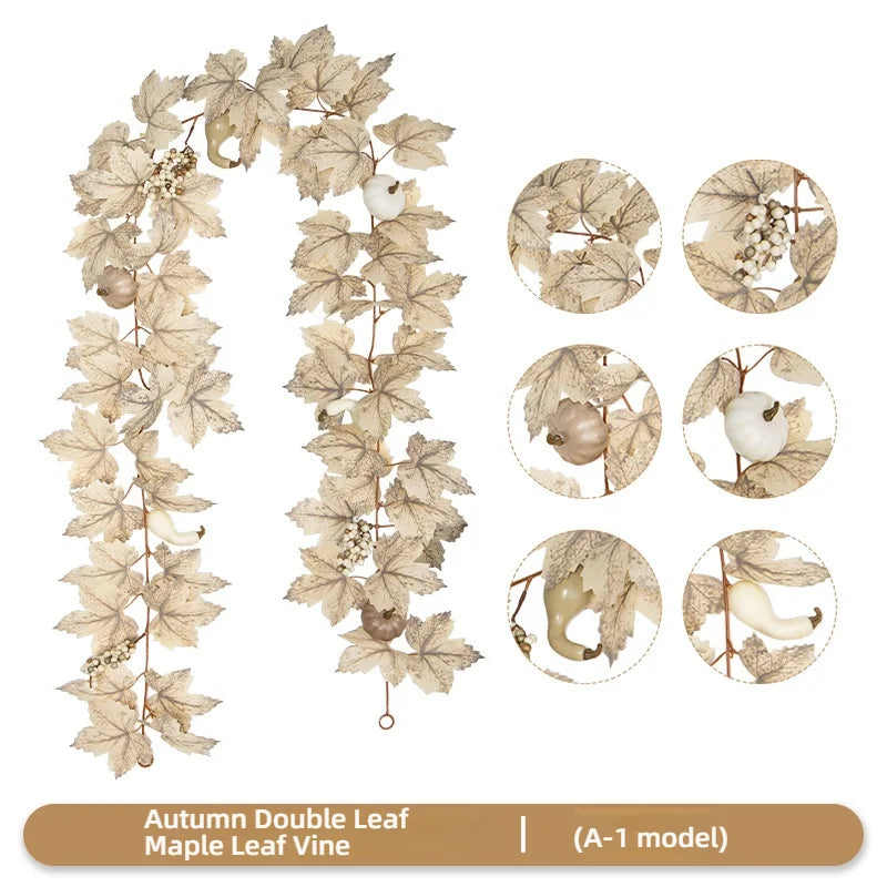 Artificial double maple leaf vine garland in beige tones with small clusters of white flowers