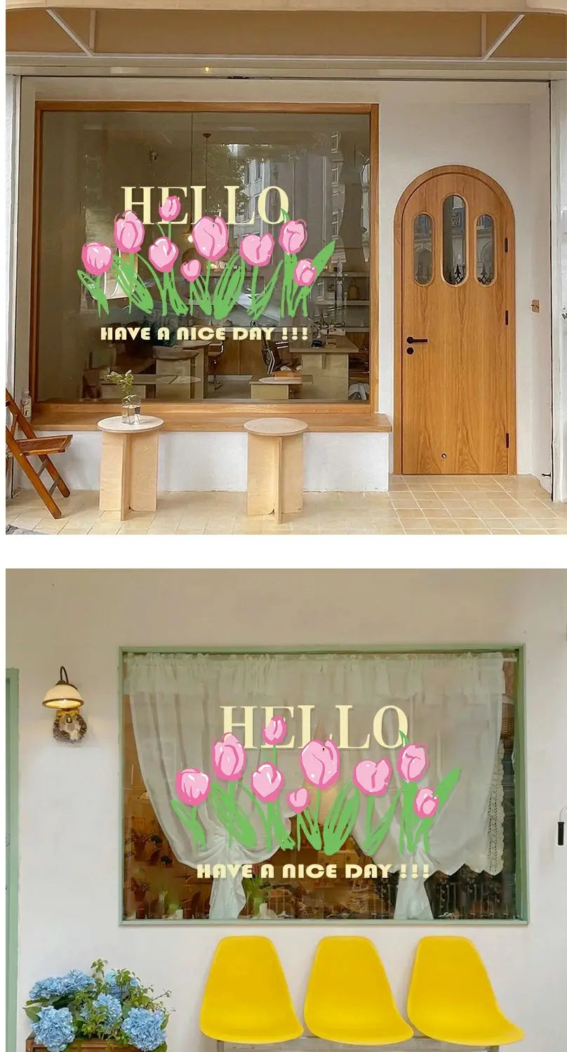 Window decal featuring pink tulips and the text HELLO HAVE A NICE DAY!!!