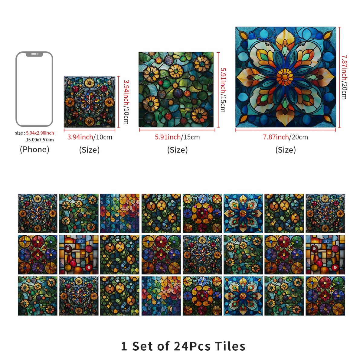A set of 24 colorful tiles featuring floral and abstract patterns for wall decoration.
