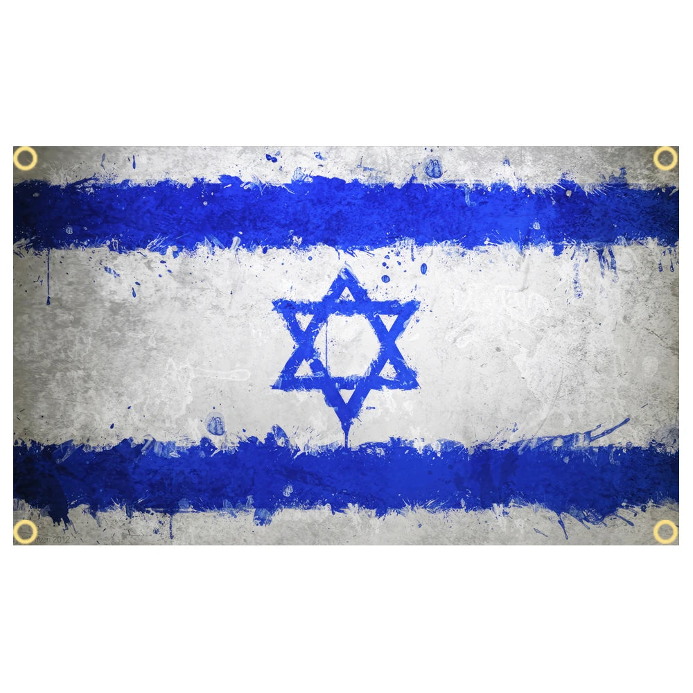 A banner featuring the flag of Israel with horizontal blue and white stripes and a central blue Star of David on a gray backg