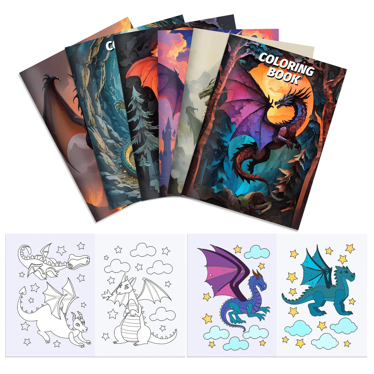 Un ensemble de livres de coloriage sur le thème des dragons et illustrations.