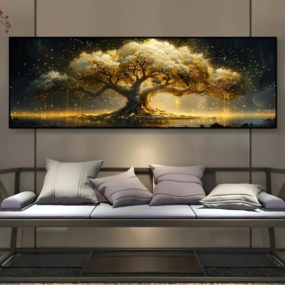 Large horizontal wall art print depicting a majestic tree with golden leaves against a dark, starry sky.