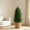 A white sofa and a tall green artificial cedar topiary tree in a bright, modern room.