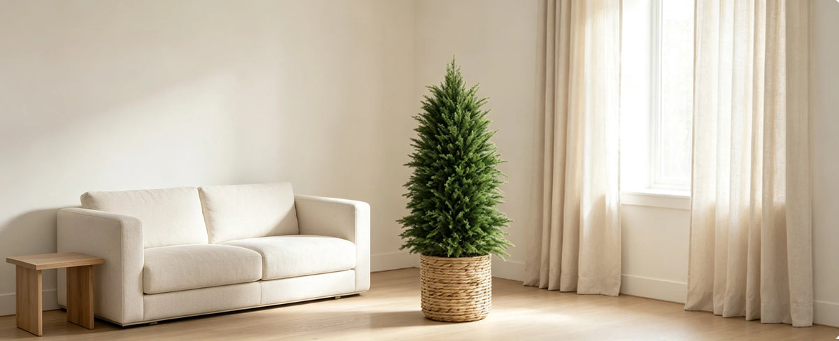 A white sofa and a tall green artificial cedar topiary tree in a bright, modern room.