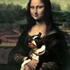 A painting of a woman holding a small black and white dog.