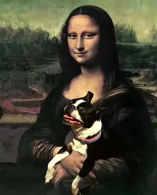 A painting of a woman holding a small black and white dog.