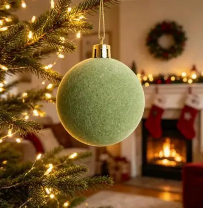 A round, moss green velvet flocked Christmas ornament hanging on a golden string against a blurred holiday background.