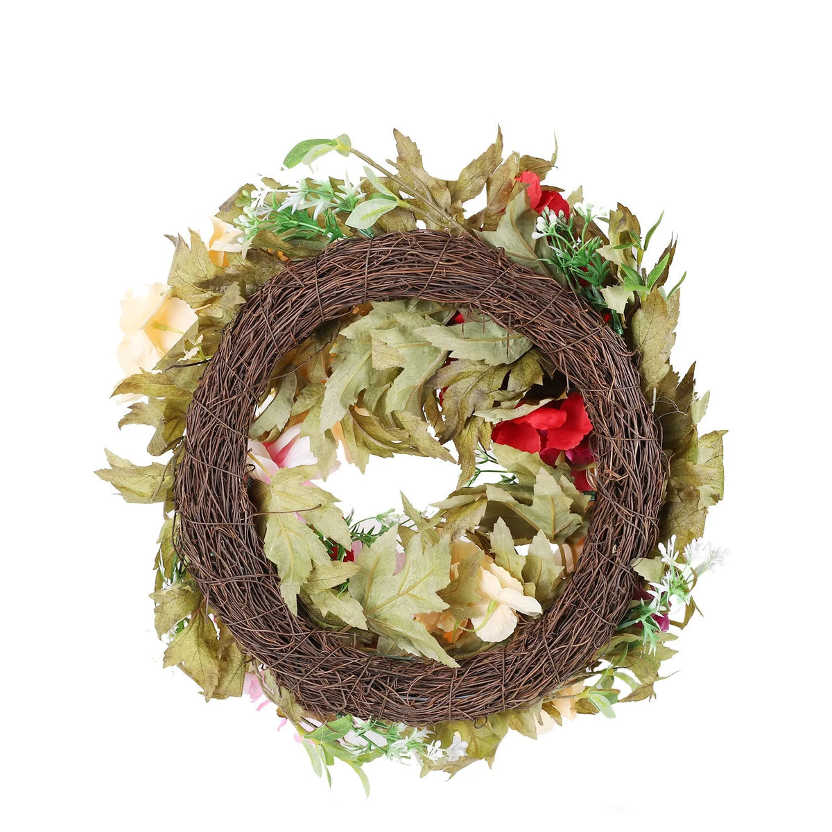 A wreath made of green leaves and red accents wrapped in brown twine for home decor
