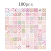 A grid of 100 vintage paper patterns featuring various pink, green, and floral textures for scrapbooking.