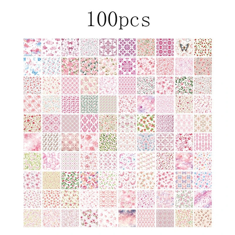A grid of 100 vintage paper patterns featuring various pink, green, and floral textures for scrapbooking.