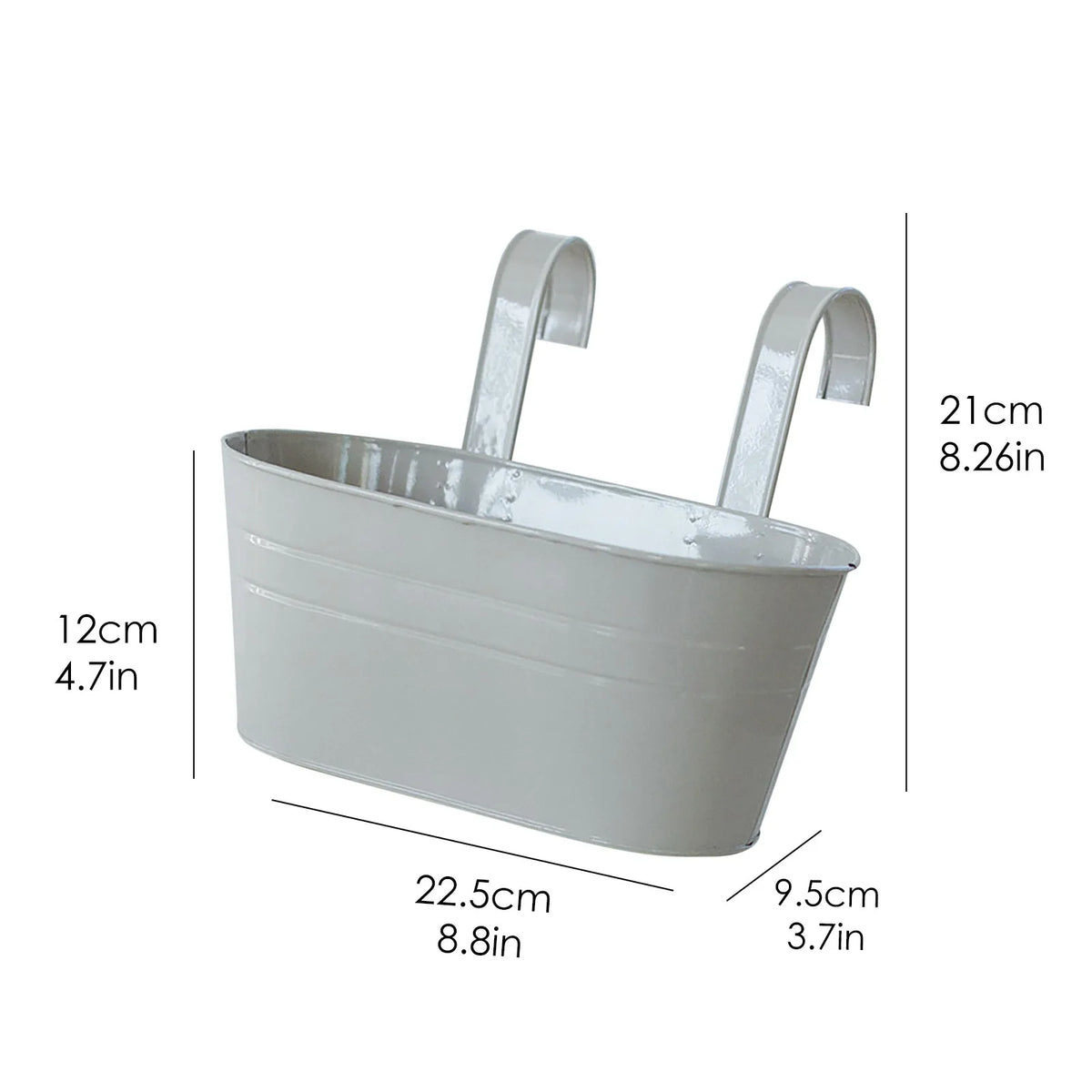 A white modern boho metal hanging planter with a rectangular basin and curved hangers.