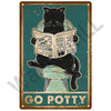 A vintage metal sign featuring a black cat looking over a newspaper, with the text GO POTTY.