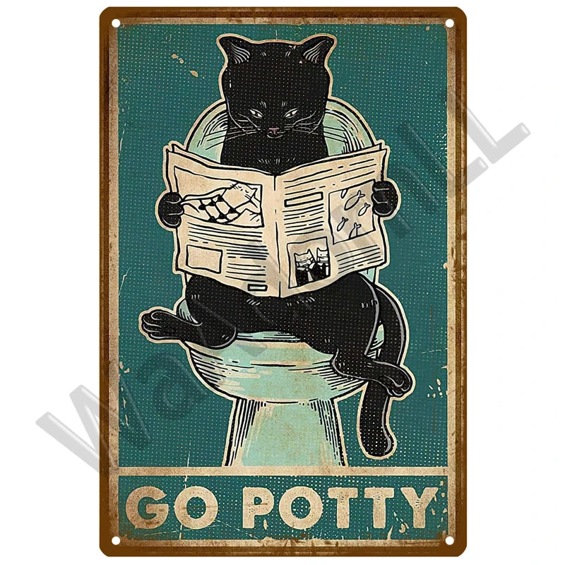 A vintage metal sign featuring a black cat looking over a newspaper, with the text GO POTTY.