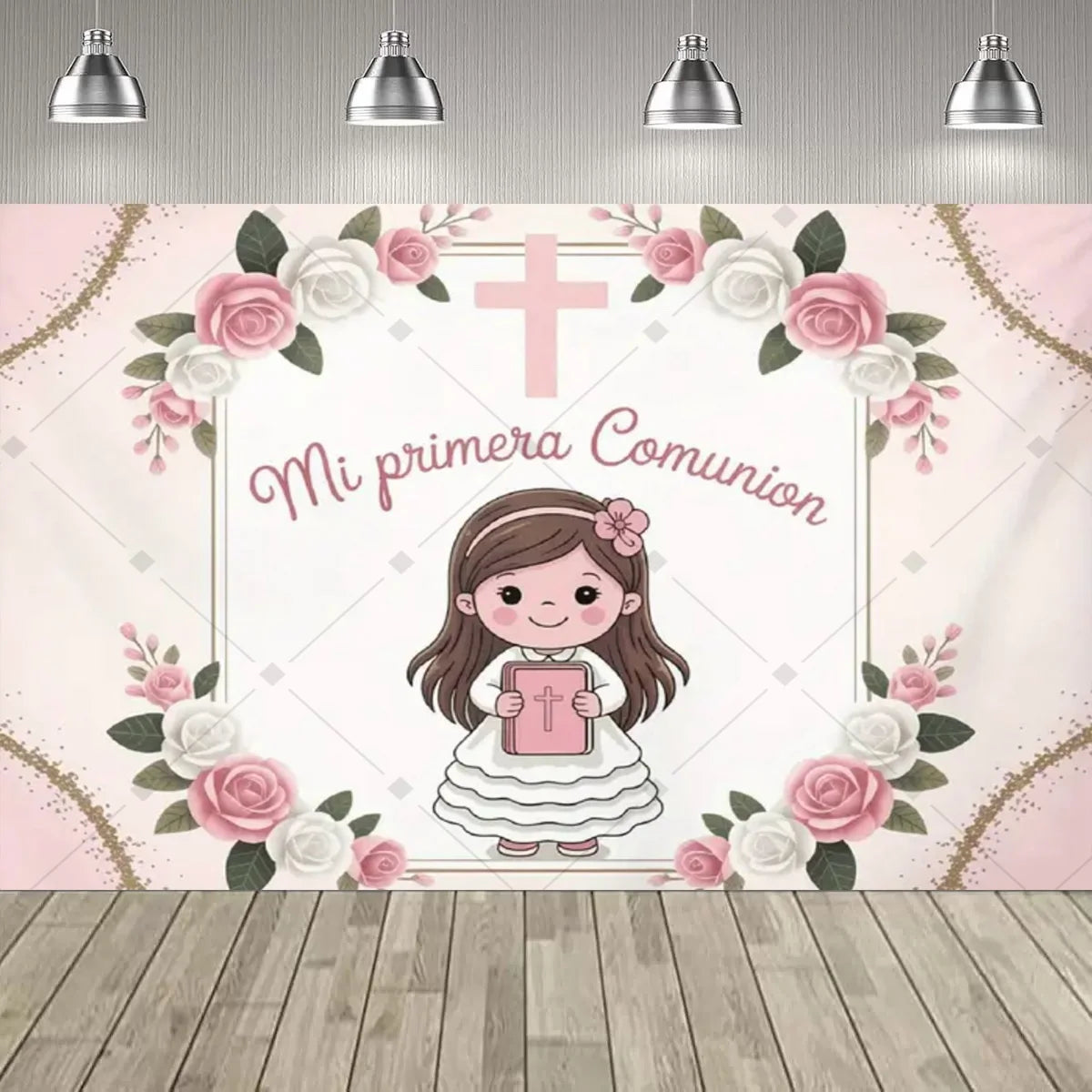 A pink and white First Communion backdrop featuring a girl, a cross, and floral designs.