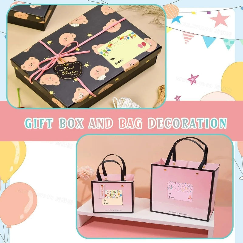 A gift box decorated with pink and yellow elements, alongside a pink party bag and tags for birthday and party favors.
