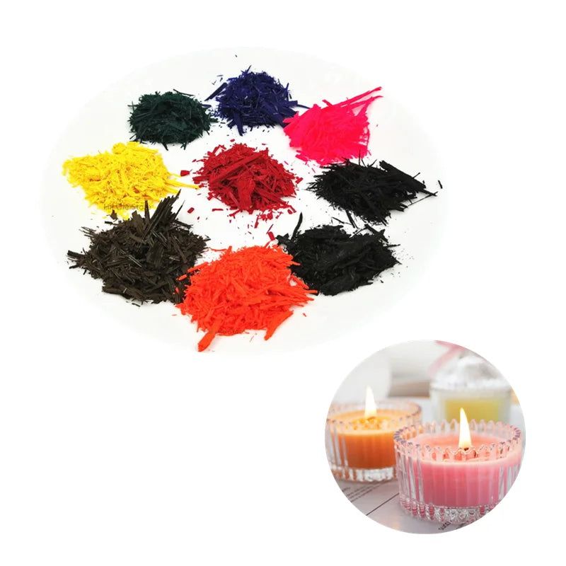 A plate displaying various highly concentrated, vibrant colored dye pigments for DIY wax projects.