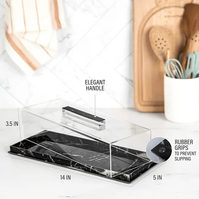 Clear acrylic rectangular marbleized dessert display with a lid and rubber grips for preventing slipping