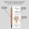 A vertical card design showing three text areas for personalization on a bamboo pen and thank you card.