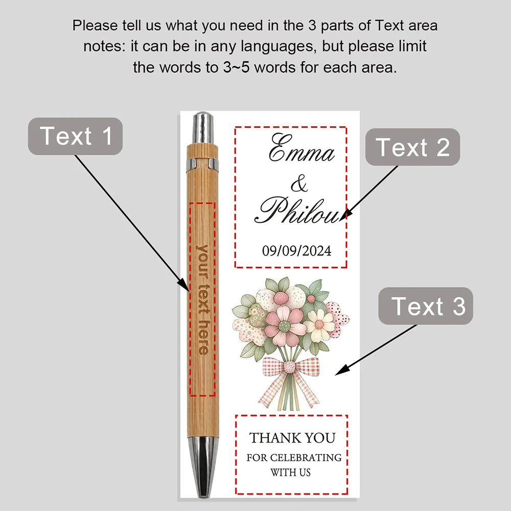 A vertical card design showing three text areas for personalization on a bamboo pen and thank you card.