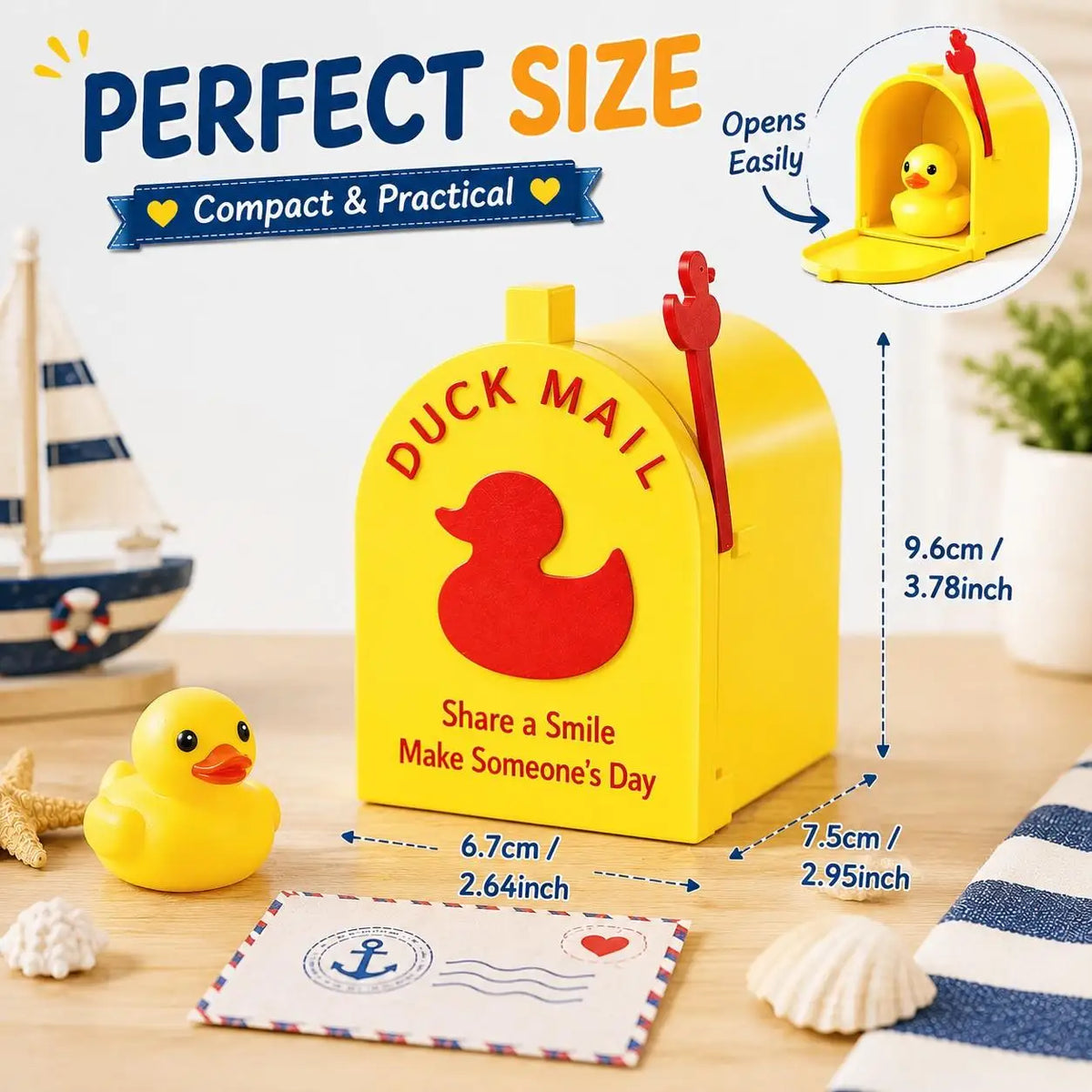 A yellow duck-shaped mailbox is shown on a wooden surface with a postcard and a small yellow duck nearby.