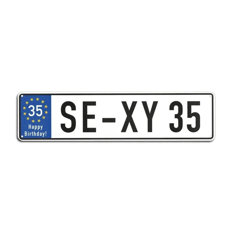 A rectangular metal sign with a blue background featuring thirty-five and the text Happy Birthday