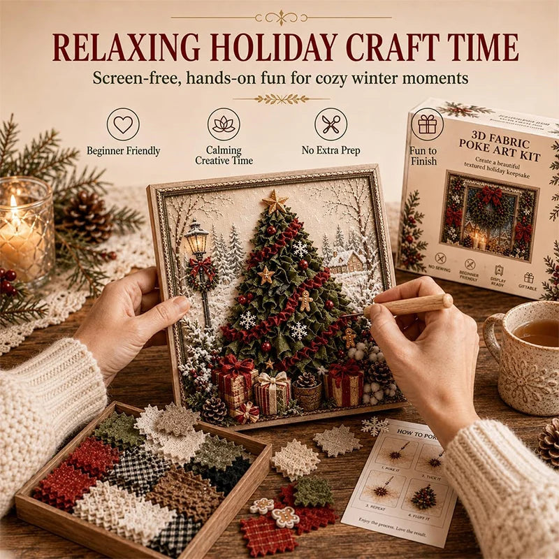 Hands prepare a 3D fabric poke art kit featuring a Christmas tree and winter forest scene for holiday craft time.