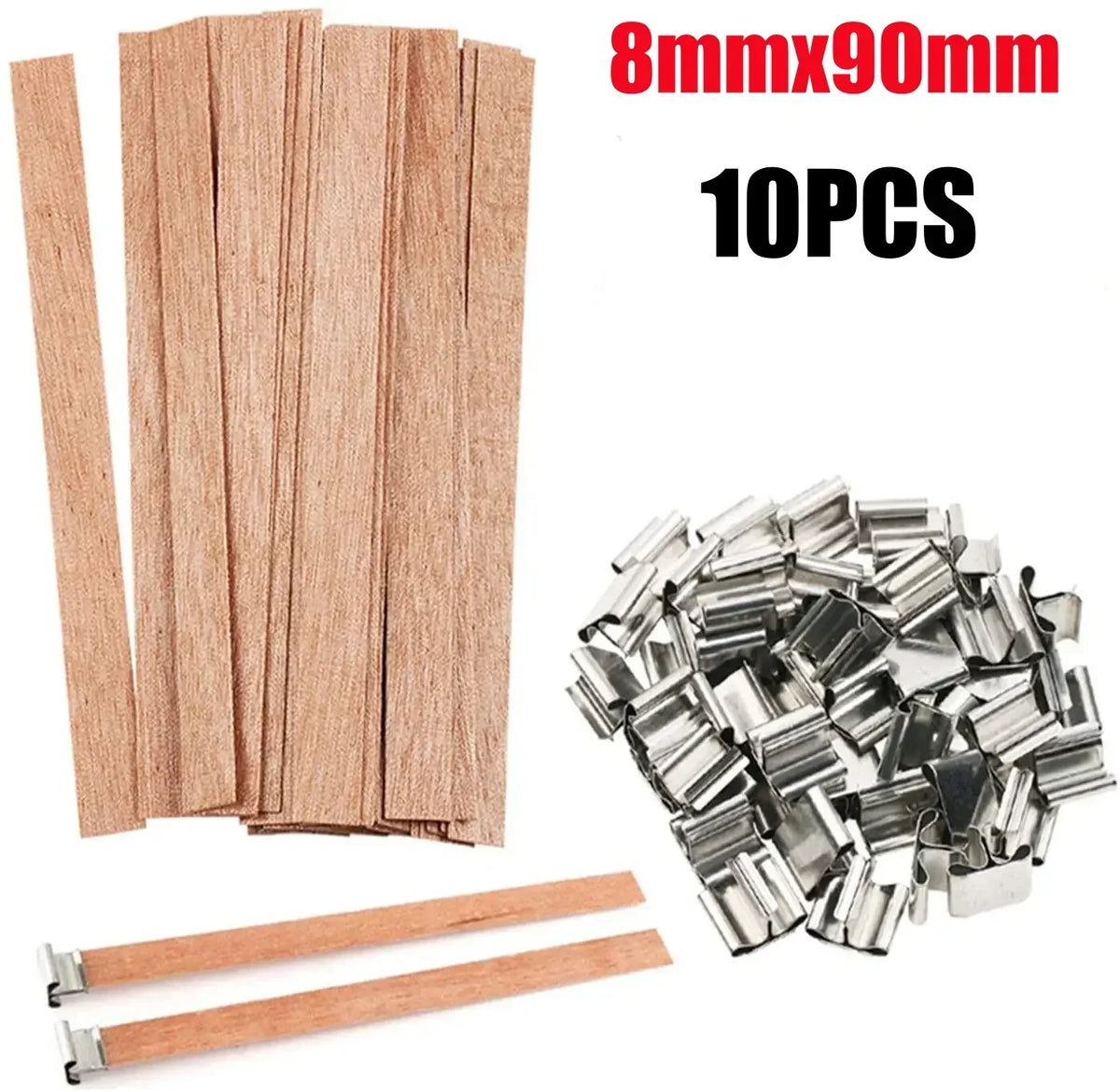 Un set de 10 chevilles en bois et une bougie à mèche en bois pour fabriquer des bougies de cire de soja.