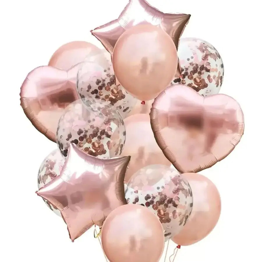 A cluster of rose gold and pink heart-shaped foil balloons.
