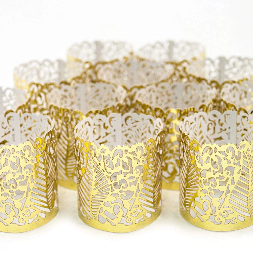 A collection of gold and silver lace-edged paper lampshade tea light candles.