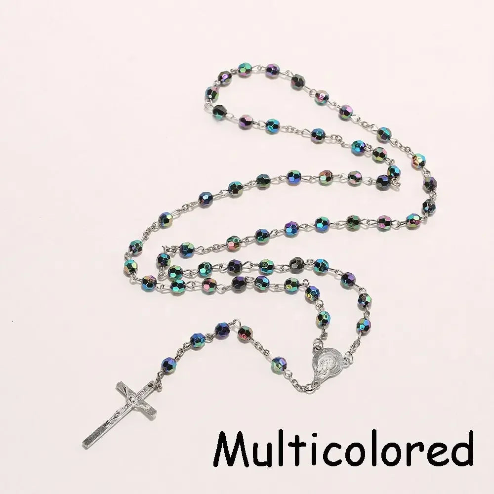 Multicolored vintage cross and Virgin Mary pendant rosary necklace